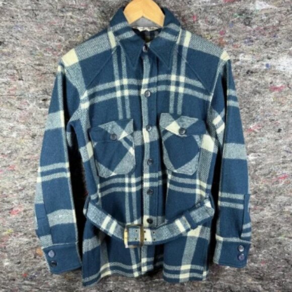 Vintage Woolrich Jacket Mens Medium‎ Blue Plaid Wool Belted Shacket Outdoors 70s - Picture 1 of 15
